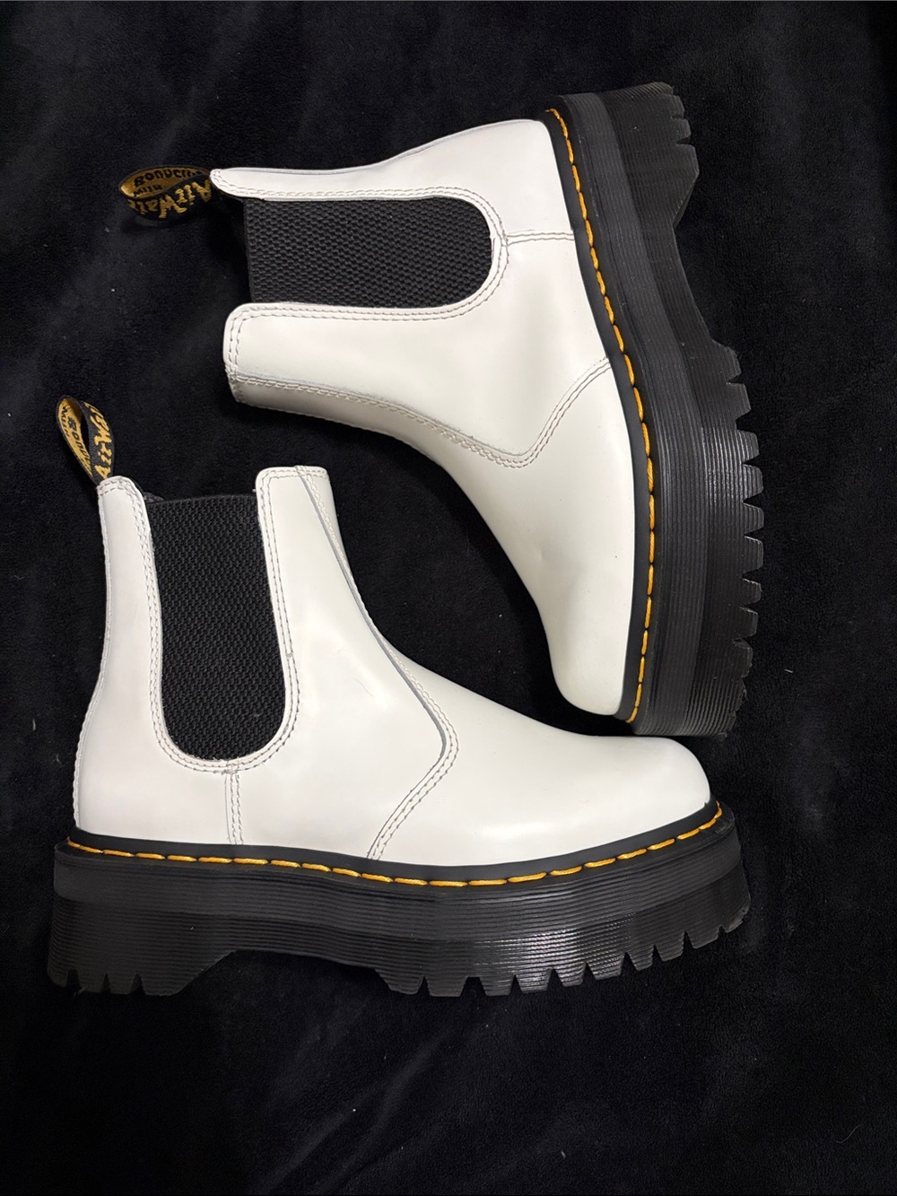 Dr. Marten White Chelsea Lug Sole Boots with Yellow Stitching